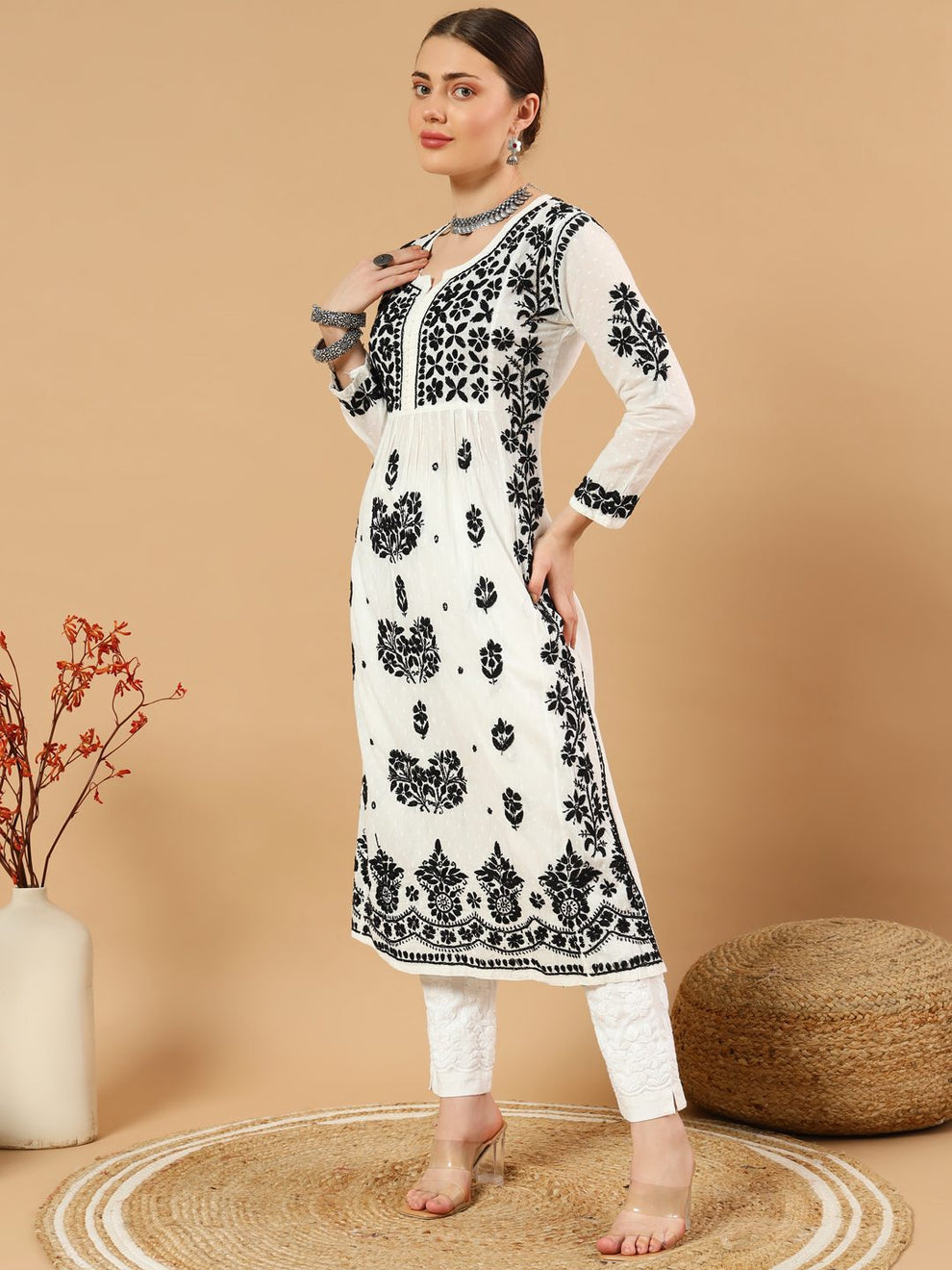 White Rida Nyra Style Cotton Chikankari Kurti