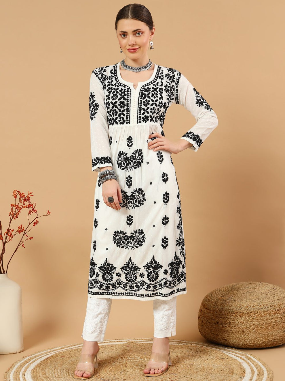 White Rida Nyra Style Cotton Chikankari Kurti