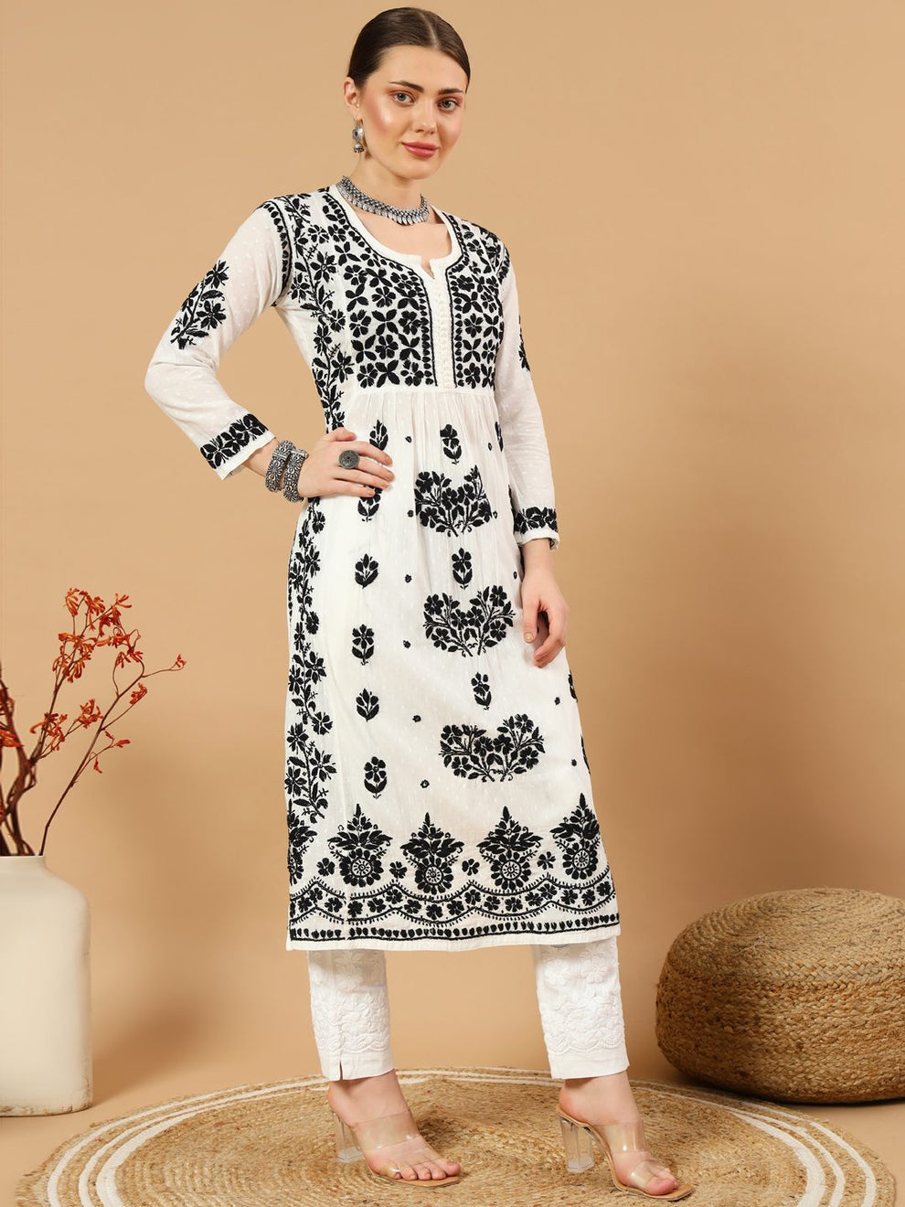White Rida Nyra Style Cotton Chikankari Kurti