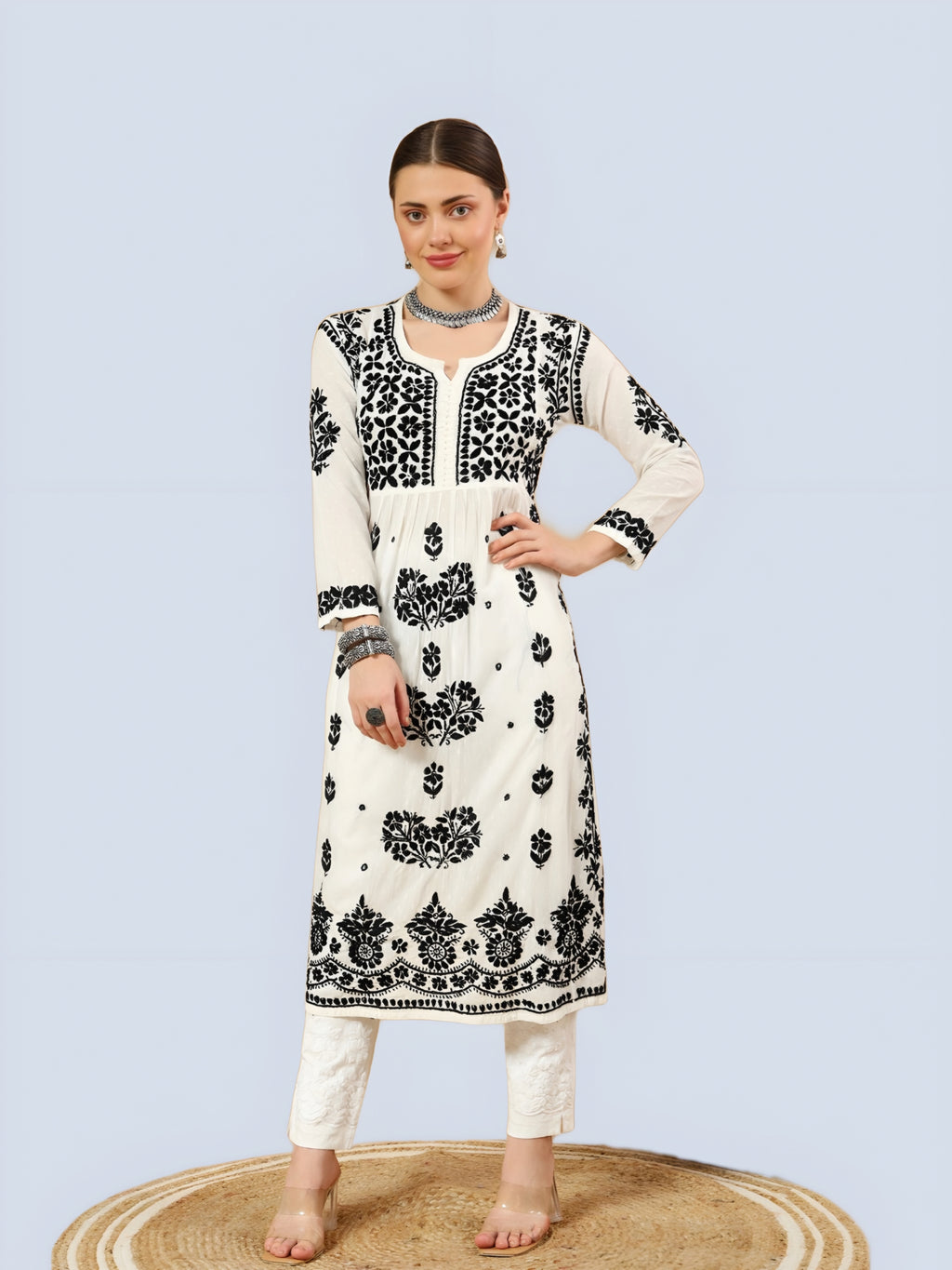 White Rida Nyra Style Cotton Chikankari Kurti