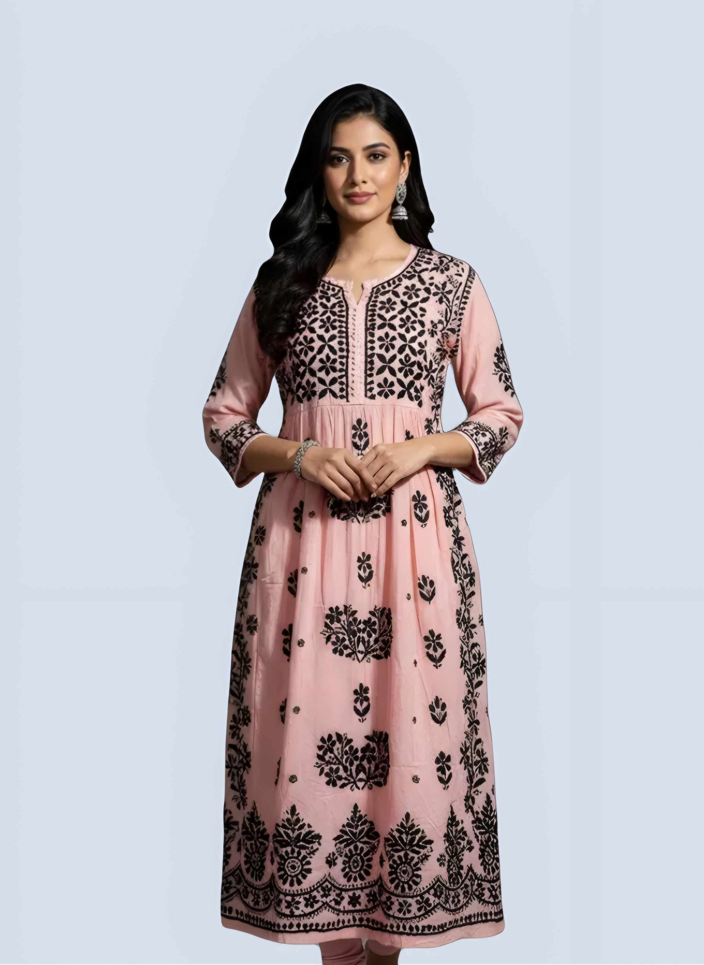 Peach Rida Nyra Style Cotton Chikankari Kurti