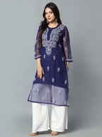 Royal Blue Gulbarg Mirror Work Chikankari Kurti with Inner