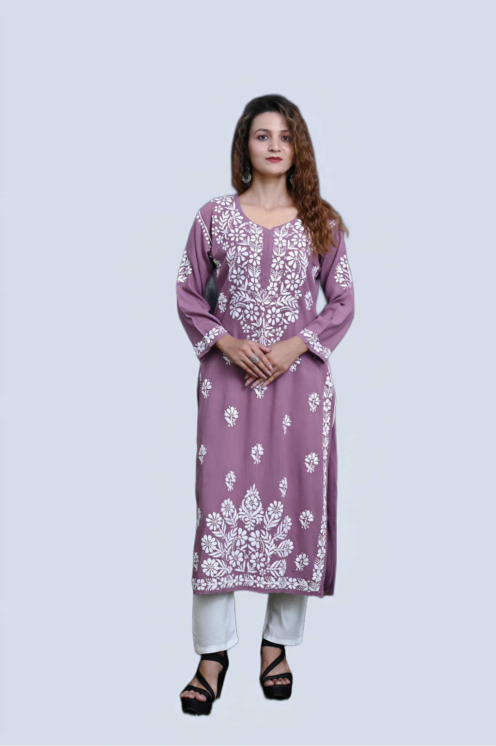 Mauve Salma Straight Chikankari Rayon Kurti