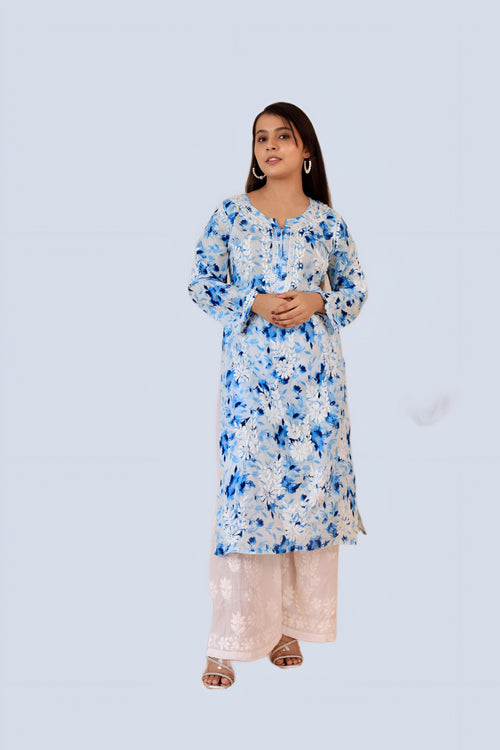 Blue Samina Floral Print Mulmul Kurta