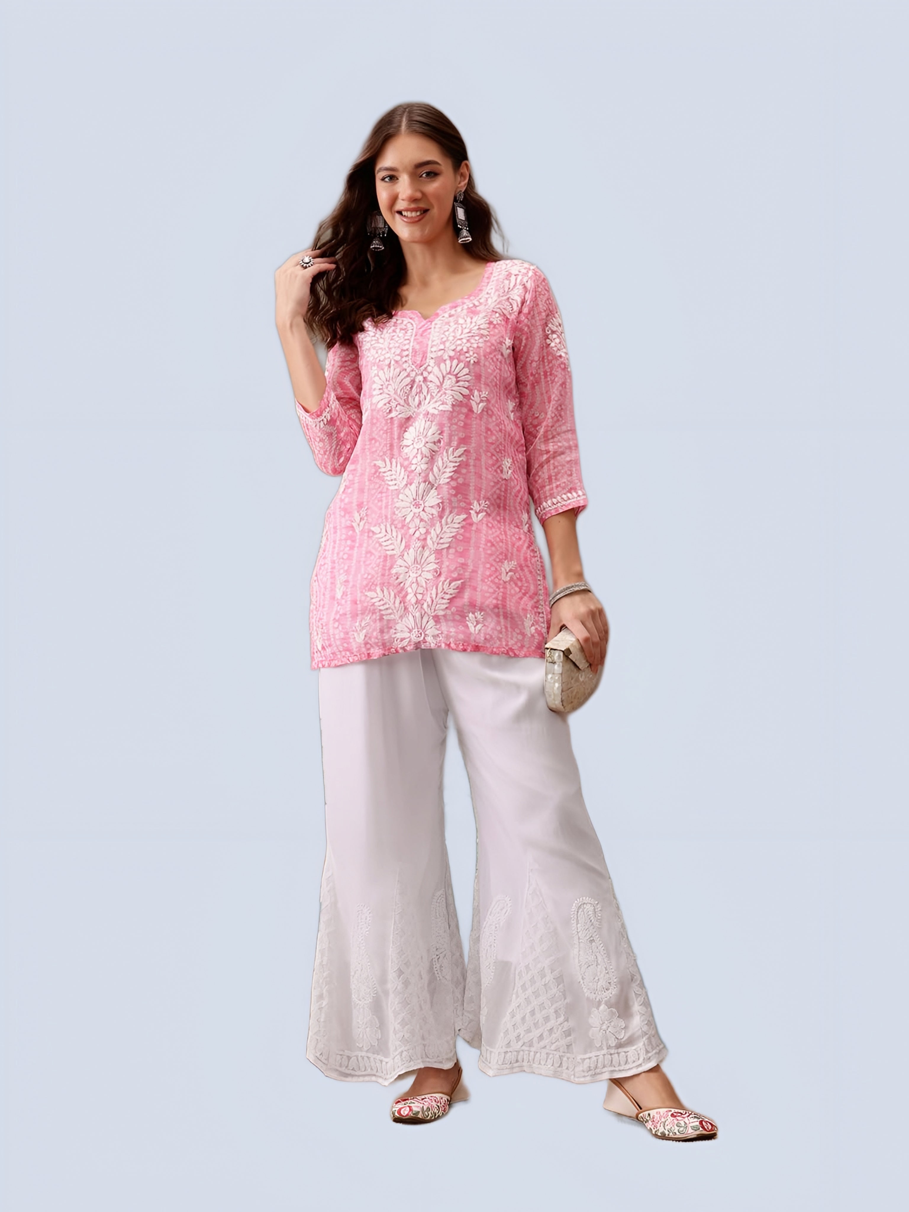 White Sanam Flared Kalidaar Chikankari Chiffon Georgette Sharara With Lining Attached Inside the Sharara
