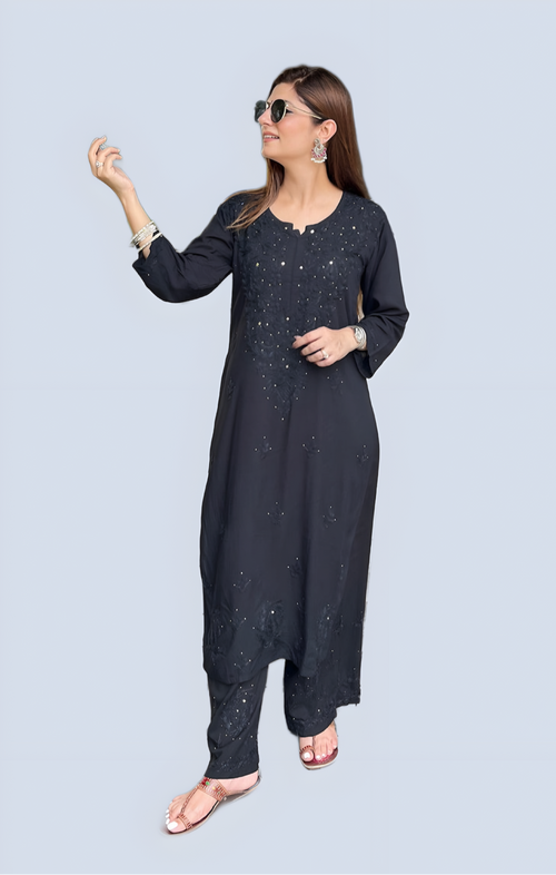 Black Sawda Rayon Muquesh Kurti & Palazzo Set