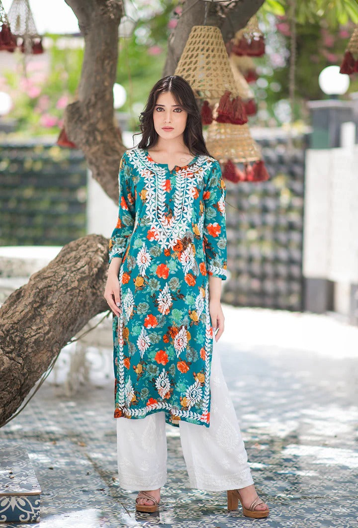 Nigaar Straight Fit Floral Print Rayon Kurti with Lucknowi Hand Embroidery for All Occasions