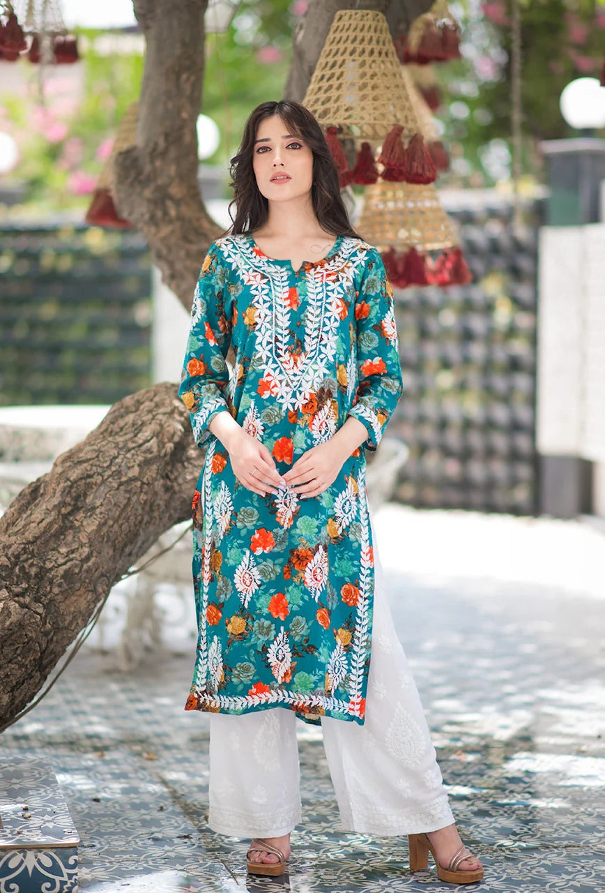 Nigaar Straight Fit Floral Print Rayon Kurti with Lucknowi Hand Embroidery for All Occasions