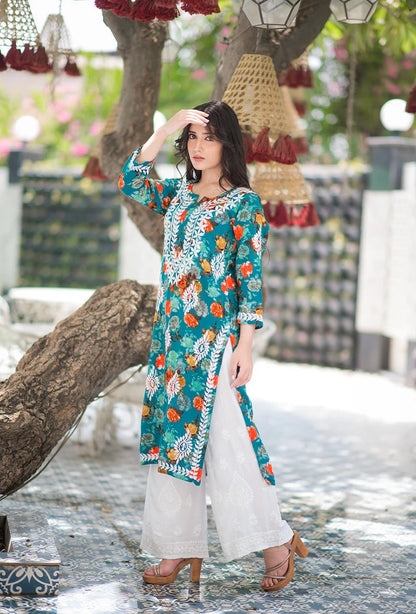 Nigaar Straight Fit Floral Print Rayon Kurti with Lucknowi Hand Embroidery for All Occasions