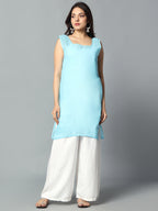 Sky Blue Gulbarg Mirror Work Chikankari Kurti with Inner