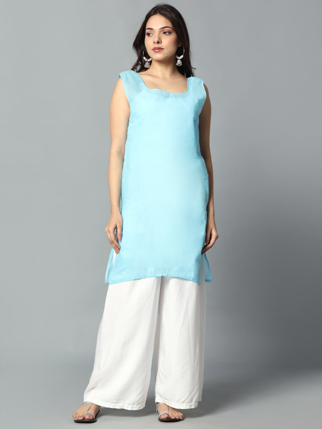 Sky Blue Gulbarg Mirror Work Chikankari Kurti with Inner