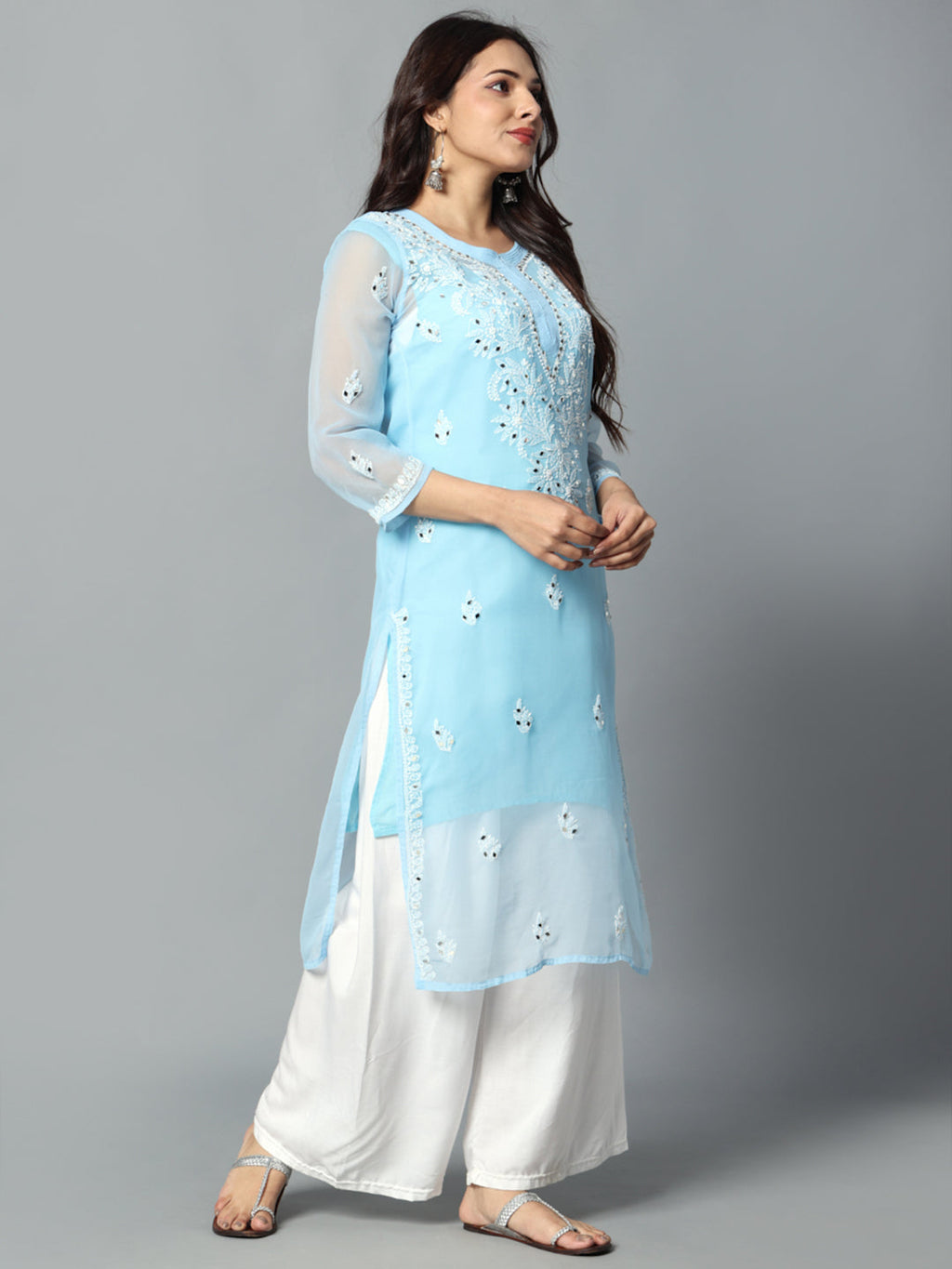 Sky Blue Gulbarg Mirror Work Chikankari Kurti with Inner