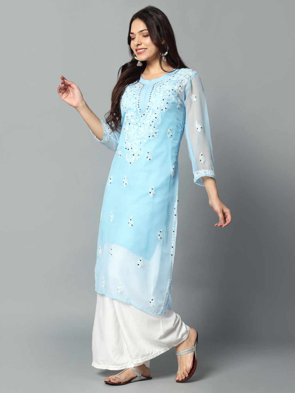 Sky Blue Gulbarg Mirror Work Chikankari Kurti with Inner