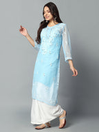 Sky Blue Gulbarg Mirror Work Chikankari Kurti with Inner