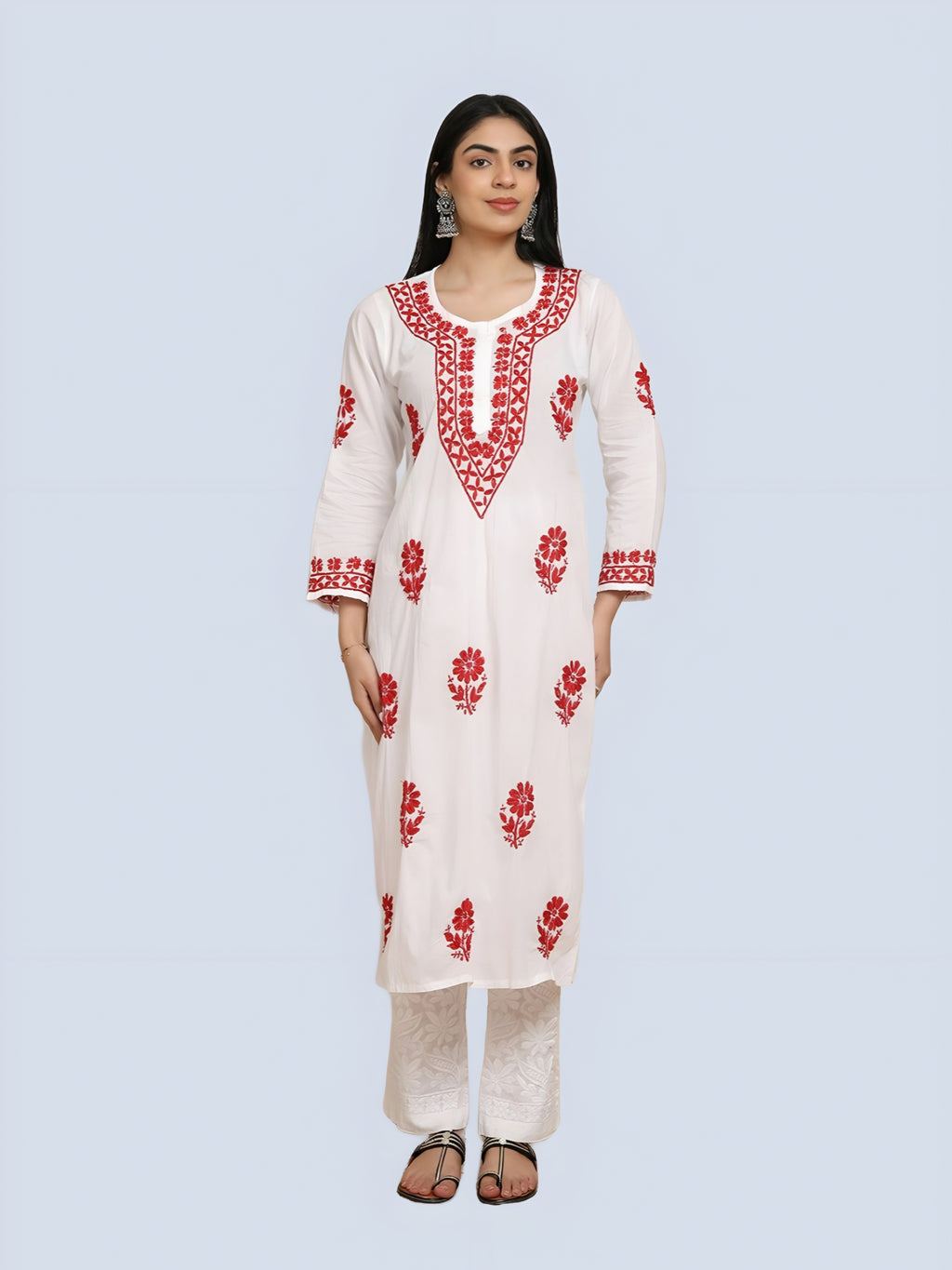 Red Sheen Chikankari Mulmul kurti with colorful Threadworks