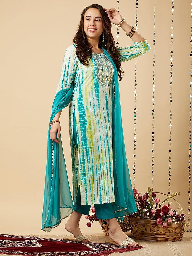 Sea Green Gulnaaz Shibori Cotton Kurti, Pant & Dupatta Set
