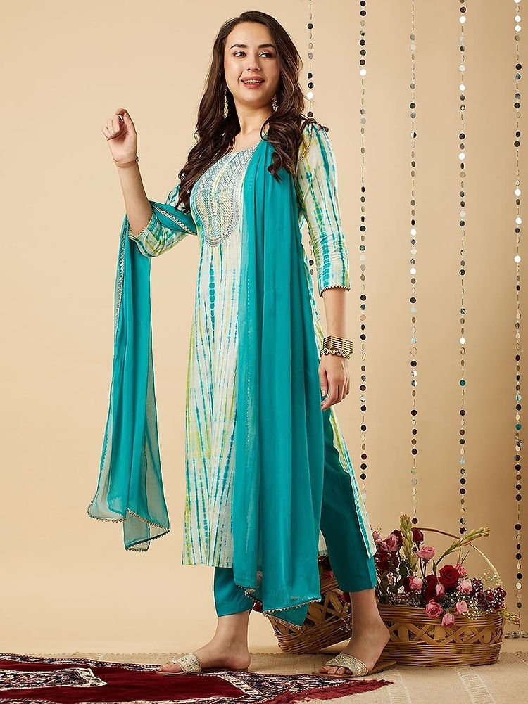 Women's Shibori Dyed Straight Fit Soft Cotton Kurti, Pant & Dupatta Set