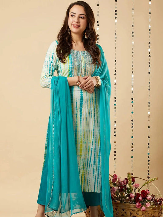 Women's Shibori Dyed Straight Fit Soft Cotton Kurti, Pant & Dupatta Set