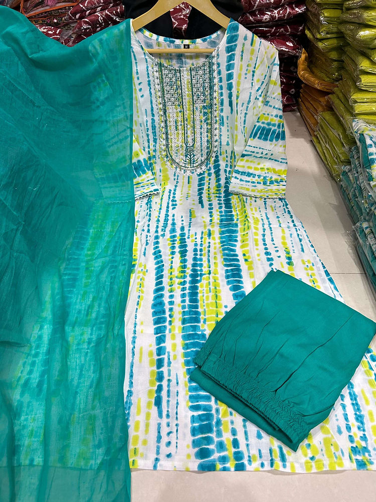 Women's Shibori Dyed Straight Fit Soft Cotton Kurti, Pant & Dupatta Set