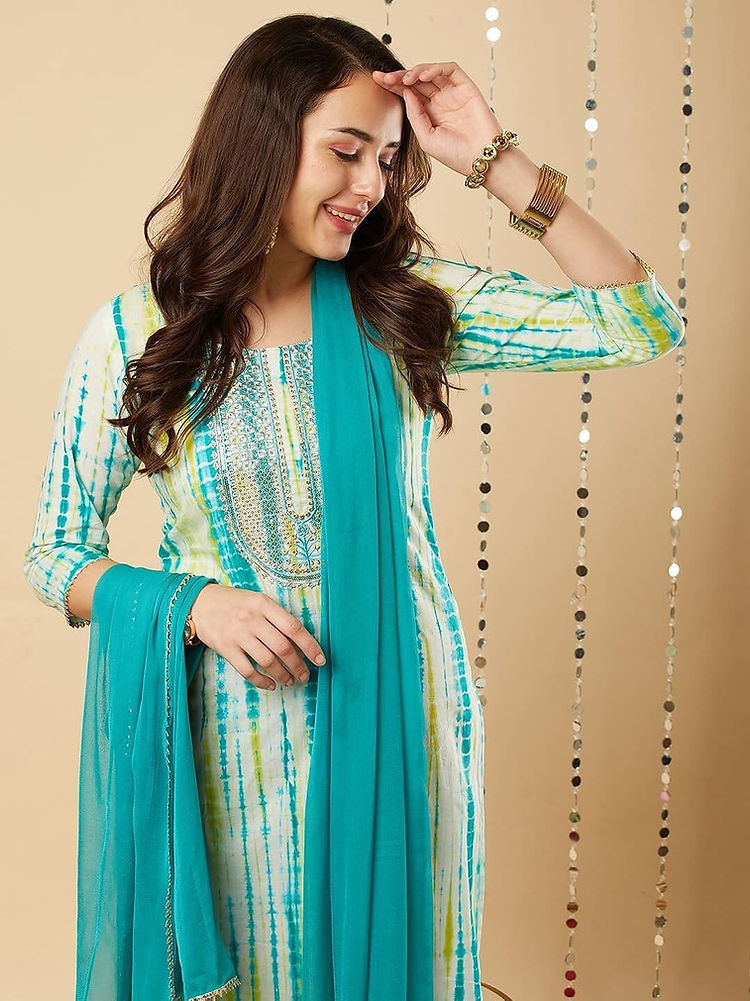 Women's Shibori Dyed Straight Fit Soft Cotton Kurti, Pant & Dupatta Set
