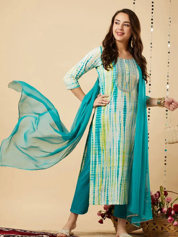 Women's Shibori Dyed Straight Fit Soft Cotton Kurti, Pant & Dupatta Set