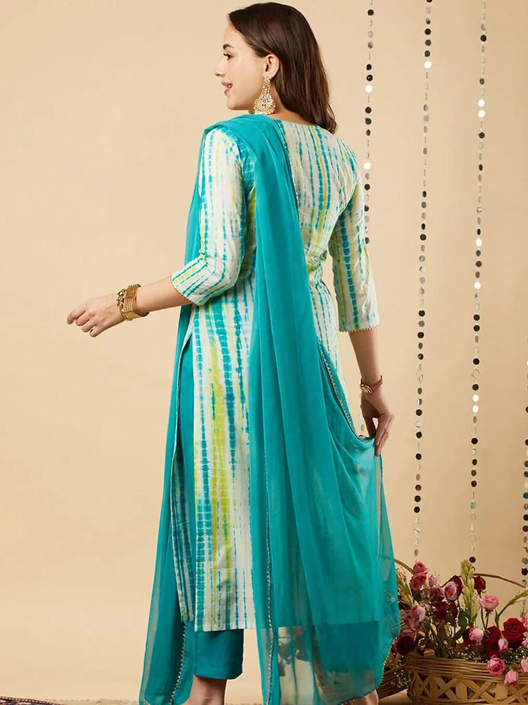 Women's Shibori Dyed Straight Fit Soft Cotton Kurti, Pant & Dupatta Set
