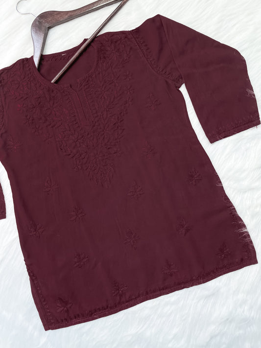 Brown Dyed Short Rayon Lucknowi Chikankari Kurti for Women | Comfortable & Non-Transparent Kurti