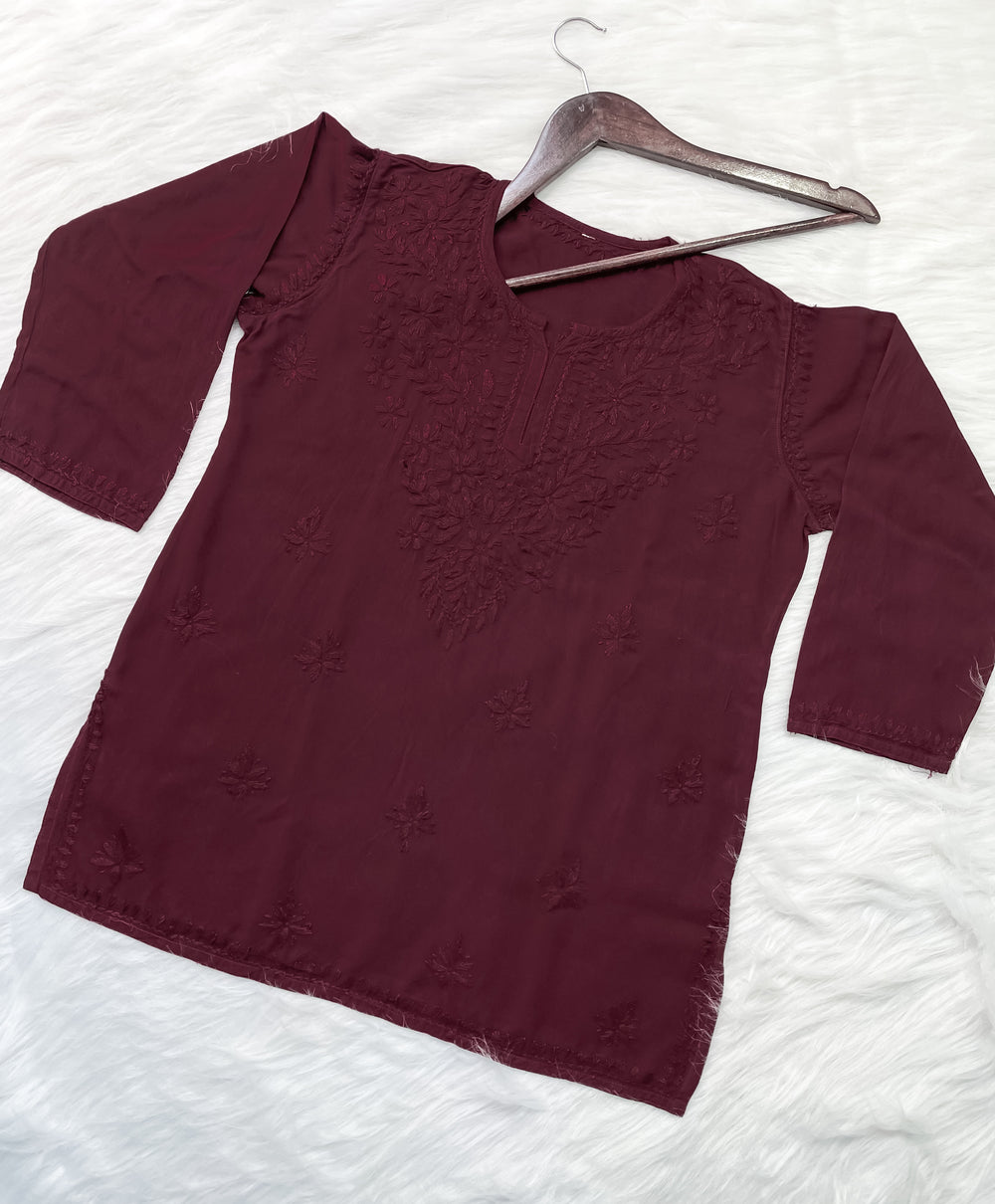Brown Dyed Short Rayon Lucknowi Chikankari Kurti for Women | Comfortable & Non-Transparent Kurti