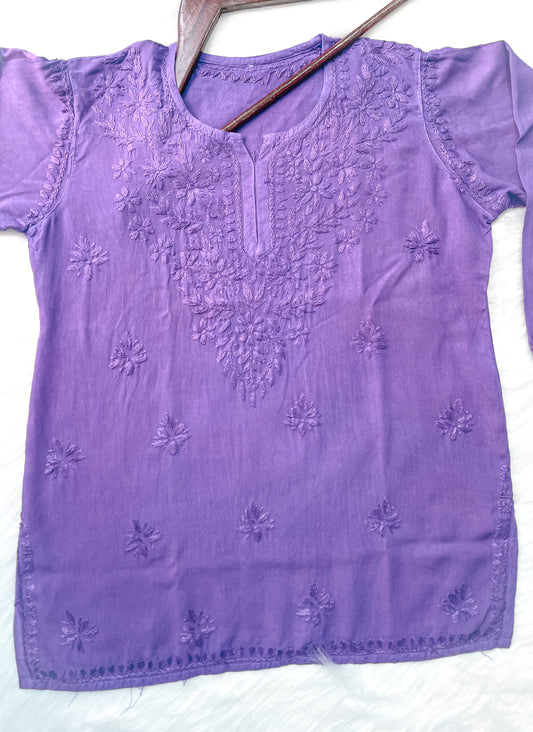 Purple Dyed Short Rayon Lucknowi Chikankari Kurti for Women | Comfortable & Non-Transparent Kurti