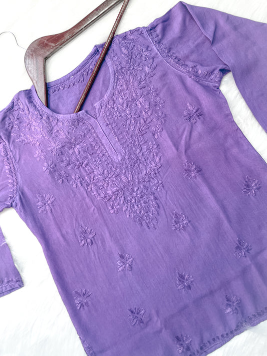 Purple Dyed Short Rayon Lucknowi Chikankari Kurti for Women | Comfortable & Non-Transparent Kurti