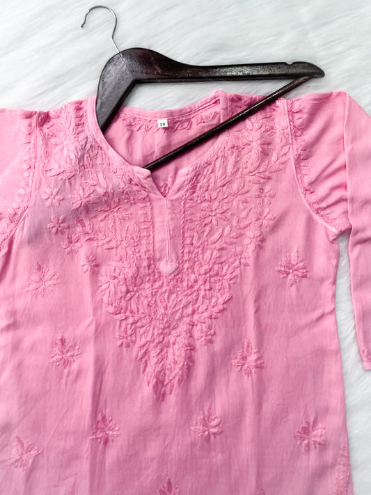 Pink Dyed Short Rayon Lucknowi Chikankari Kurti for Women | Comfortable & Non-Transparent Kurti