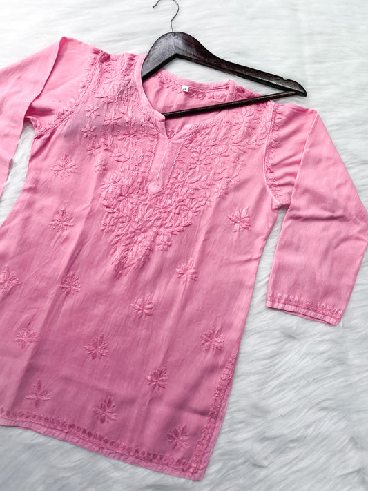 Pink Dyed Short Rayon Lucknowi Chikankari Kurti for Women | Comfortable & Non-Transparent Kurti