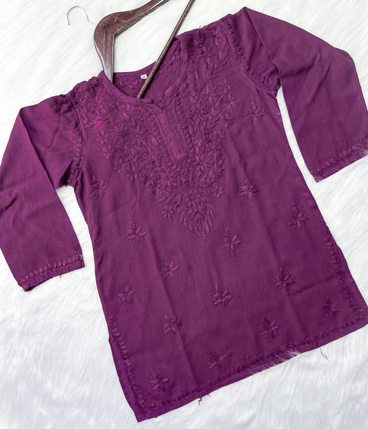 Wine Dyed Short Rayon Lucknowi Chikankari Kurti for Women | Comfortable & Non-Transparent Kurti