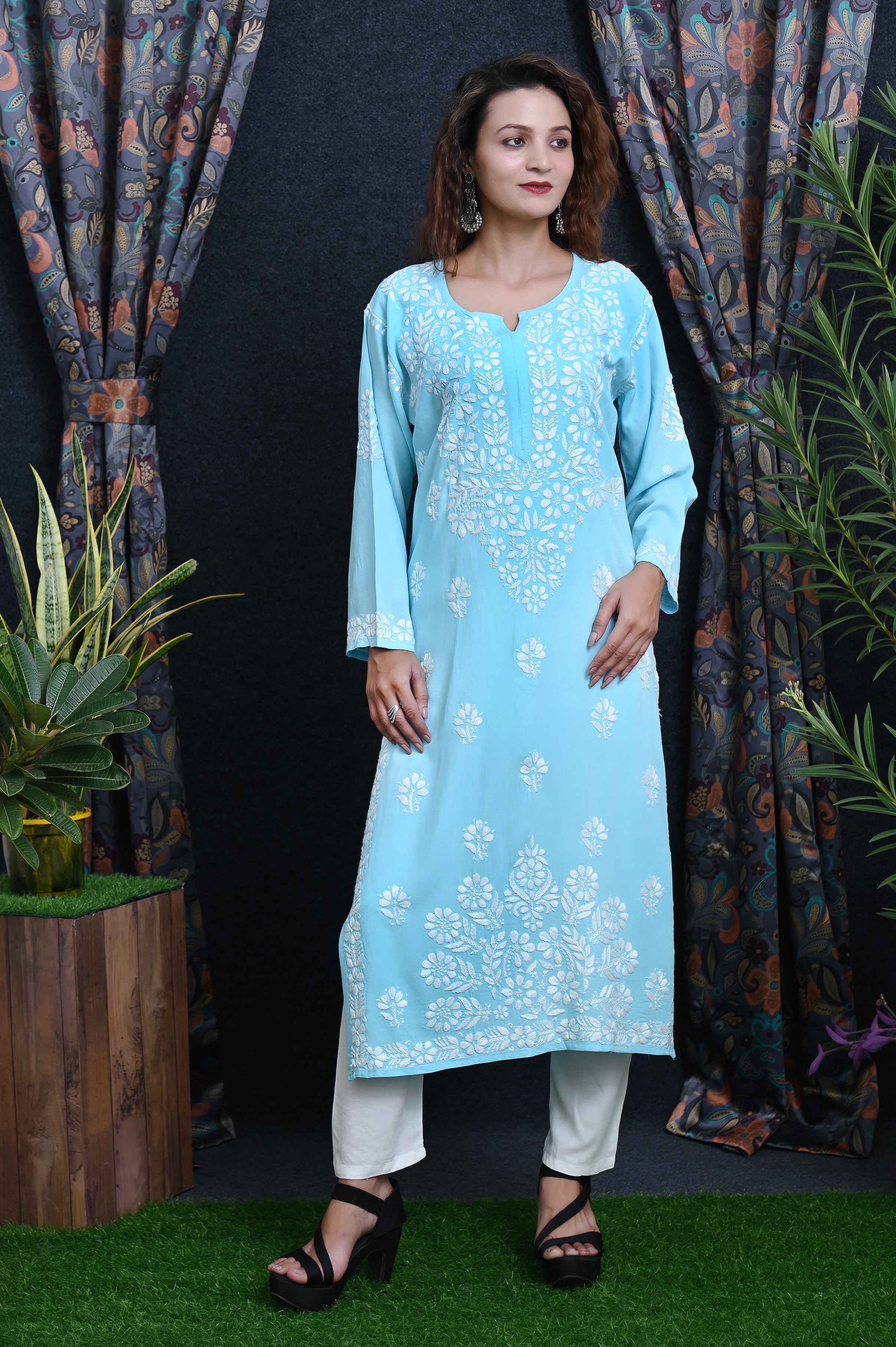 Sky Blue Salma Straight Chikankari Rayon Kurti
