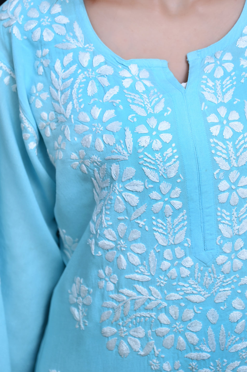 Sky Blue Salma Straight Chikankari Rayon Kurti