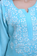 Sky Blue Salma Straight Chikankari Rayon Kurti