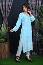 Sky Blue Salma Straight Chikankari Rayon Kurti