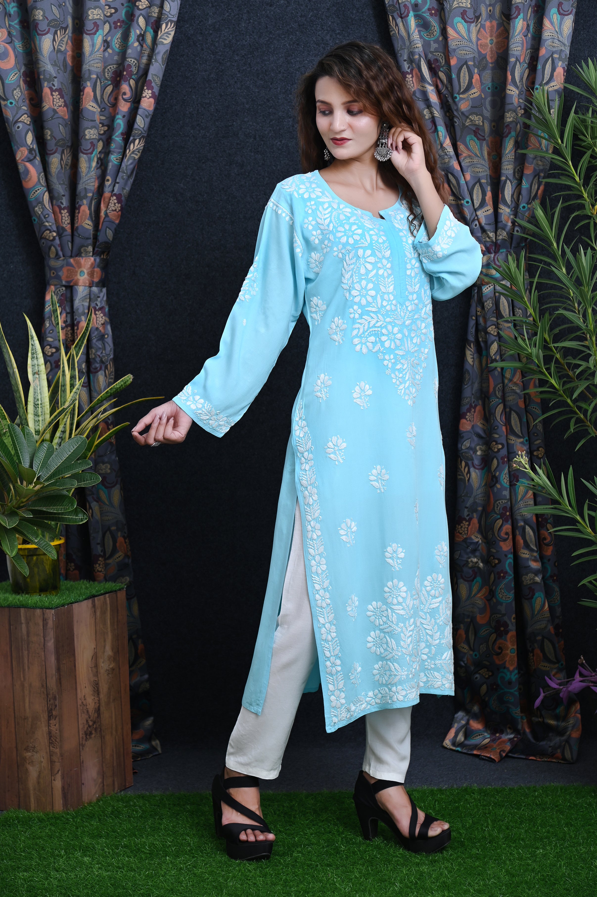 Sky Blue Salma Straight Chikankari Rayon Kurti