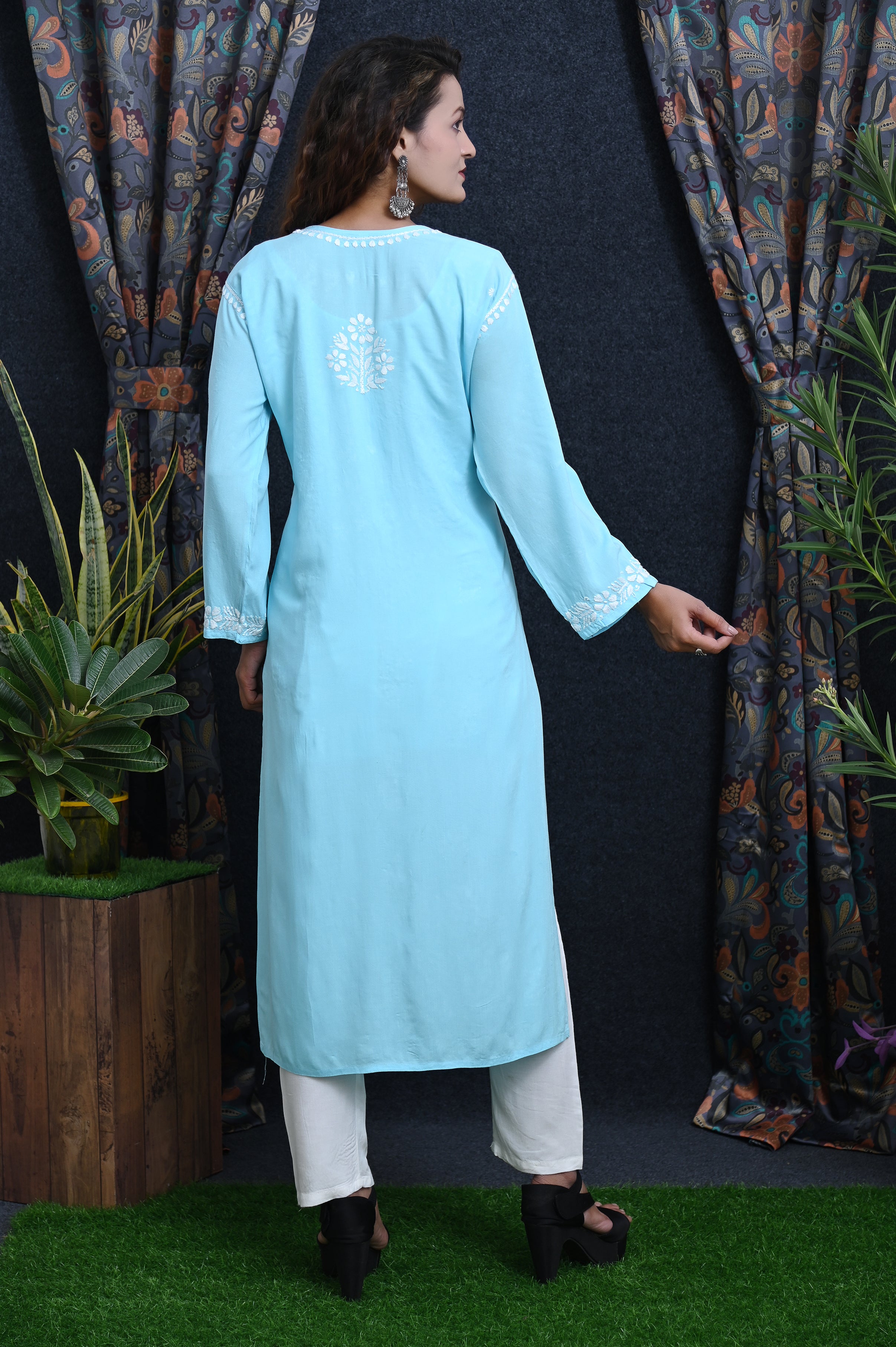 Sky Blue Salma Straight Chikankari Rayon Kurti