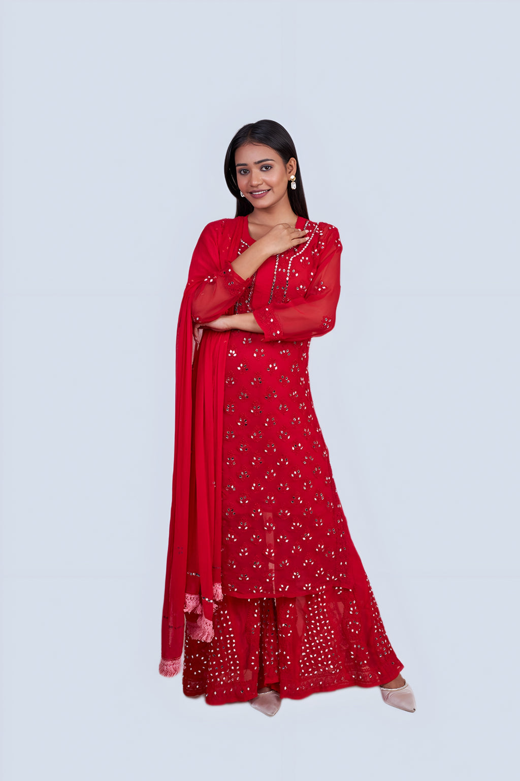 Red Tamanna Mirror Work 4-Piece Kurti Set