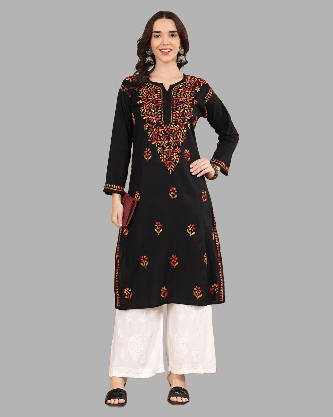 Black Tawoos Chikankari Multi-Thread Cotton Long Kurti by malabis.in