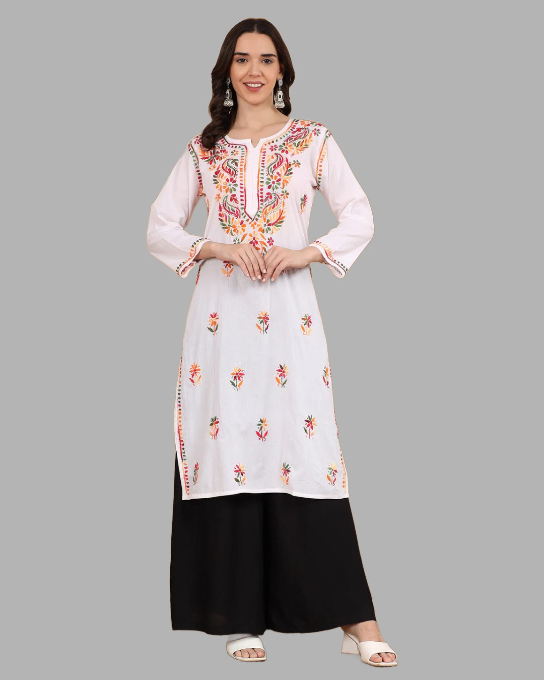 White Tawoos Chikankari Multi-Thread Cotton Long Kurti by malabis.in