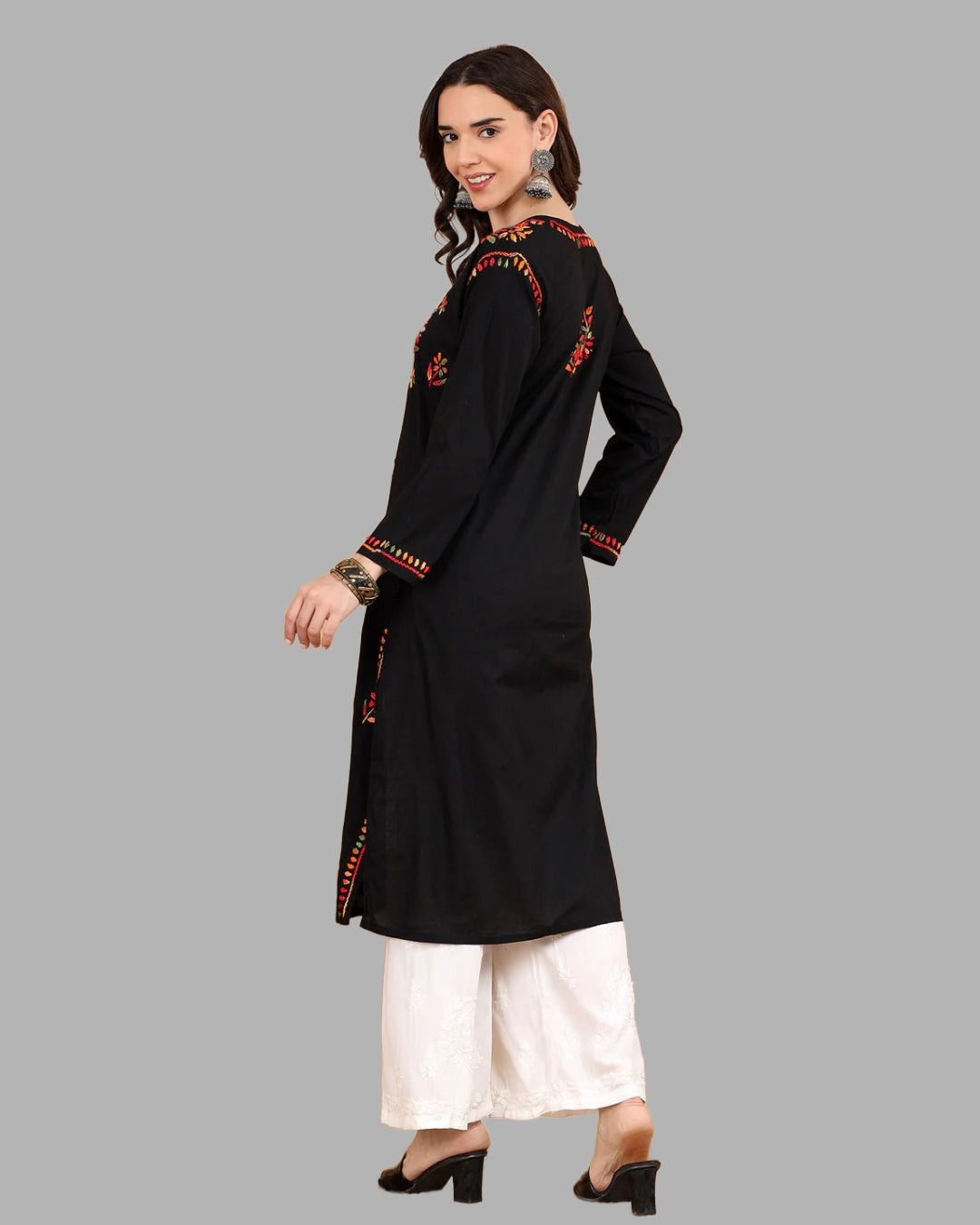 Black Tawoos Chikankari Multi-Thread Cotton Long Kurti by malabis.in