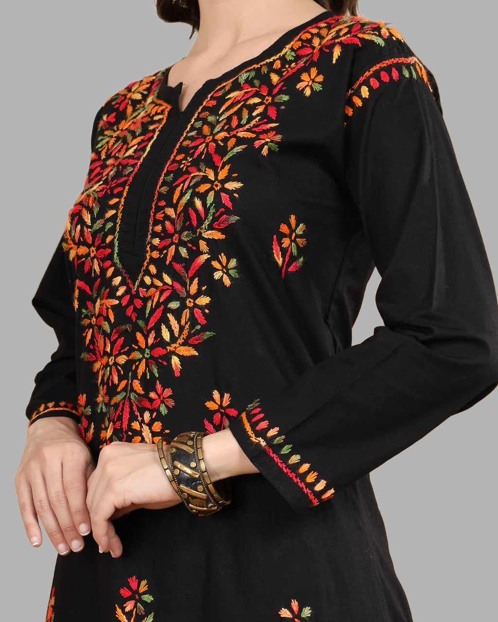 Black Tawoos Chikankari Multi-Thread Cotton Long Kurti by malabis.in