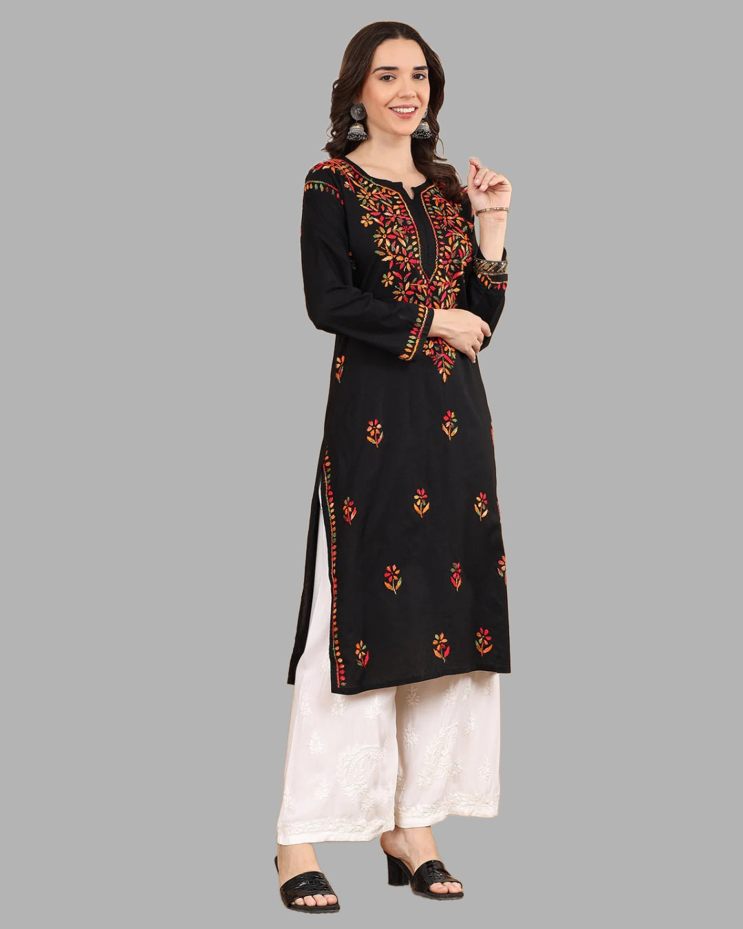 Black Tawoos Chikankari Multi-Thread Cotton Long Kurti by malabis.in