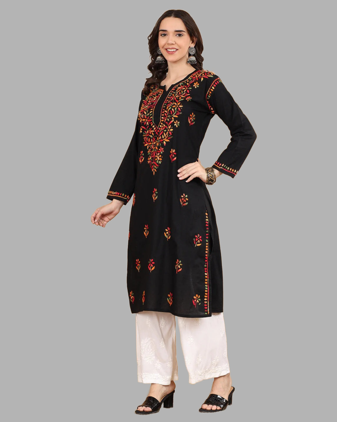 Black Tawoos Chikankari Multi-Thread Cotton Long Kurti by malabis.in