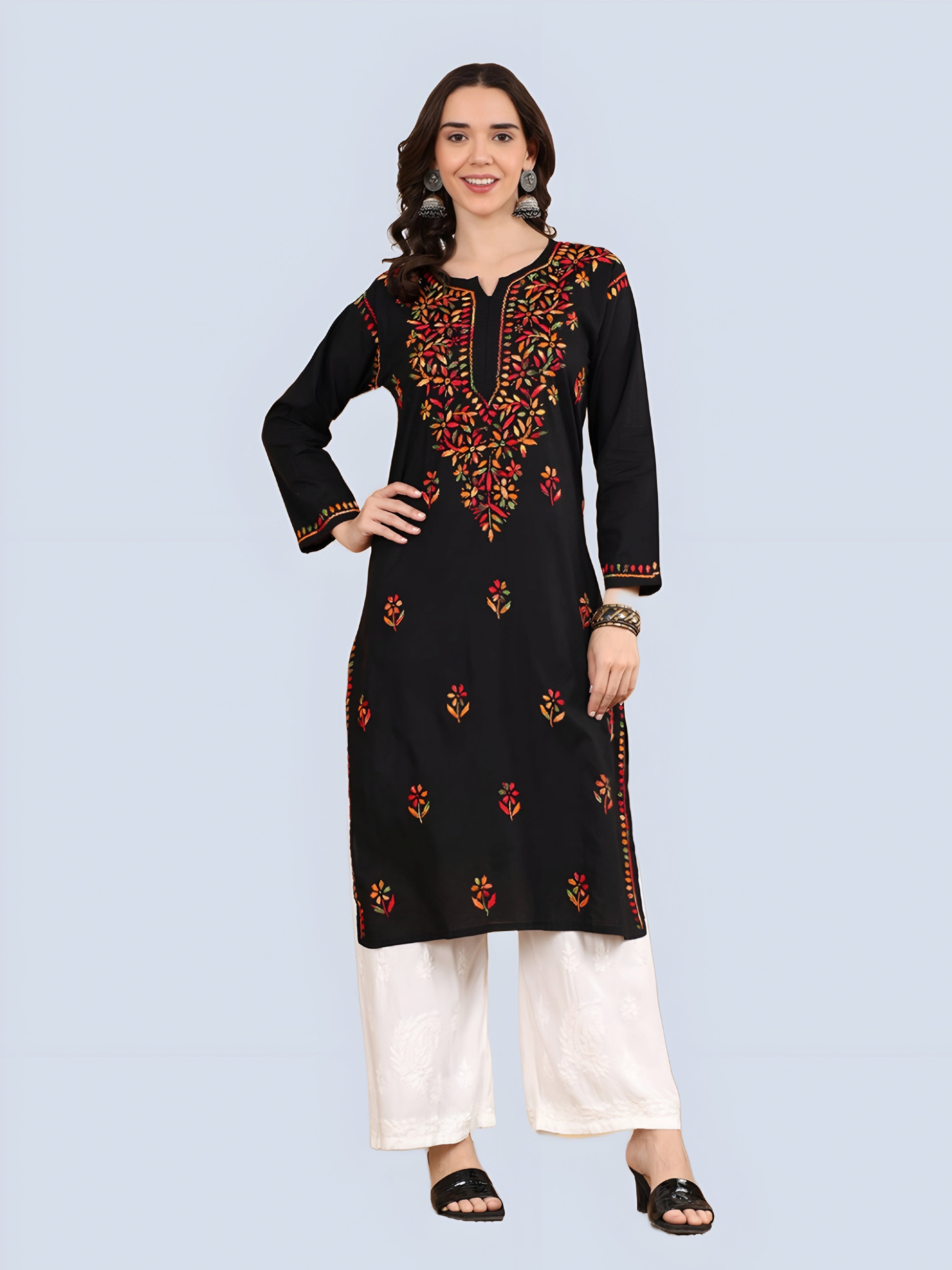 Black Tawoos Chikankari Multi-Thread Cotton Long Kurti by malabis.in