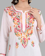 White Tawoos Chikankari Multi-Thread Cotton Long Kurti by malabis.in