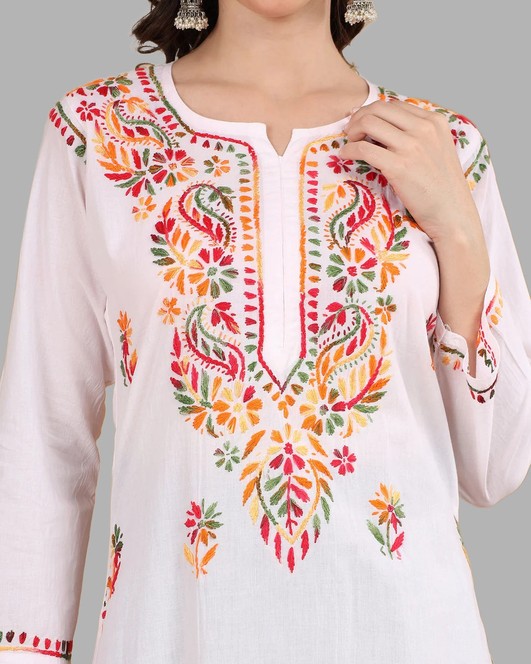 White Tawoos Chikankari Multi-Thread Cotton Long Kurti by malabis.in