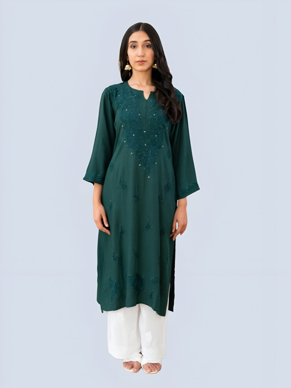 Bottle Green Tuba Rayon kurti with Muquesh Work